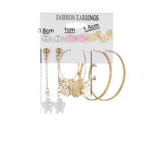 6-pair set of gold butterfly and pearl earrings including long tassel and hoop styles