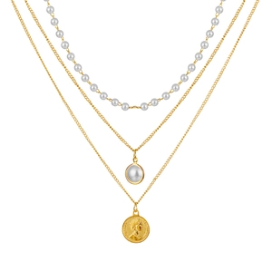 Elegant multi-layer gold necklace with faux pearls and vintage coin pendant for women
