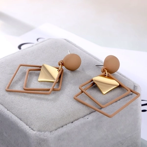 Elegant geometric rhombus drop earrings with layered brown matte and gold plated finish