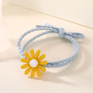 Light blue wavy hair tie with a bright yellow daisy flower and white round center bead