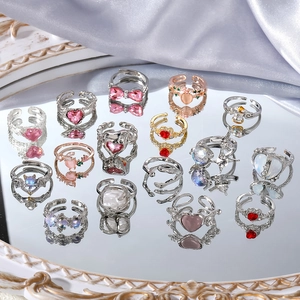 Anillos abiertos de piedra lunar estilo francés con motivos de corazón y gato en plata y oro