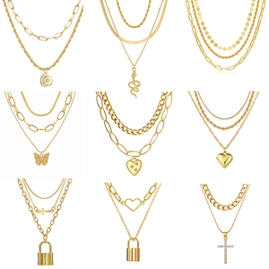 Vintage Mehrlagige Halskette Für Damen Gold Silber Legierung Anhänger Kette Mit Herz Kreuz Mond Schmetterling Schlange Schmuck