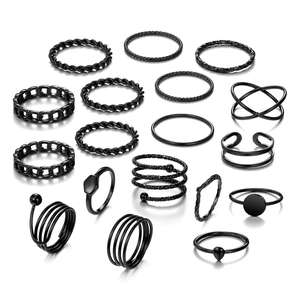 Set of 16 pieces punk style black plated alloy rings with geometric spiral and twist designs