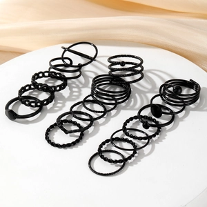 Set of 20 punk style black metal geometric rings with spiral and chain link designs