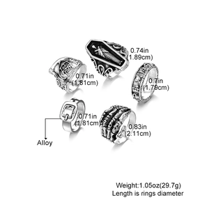 5-piece vintage punk ring set with skull and coffin designs in antique silver alloy
