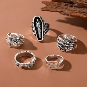 5-piece vintage gothic skull and bone hand ring set with distressed silver metal finish