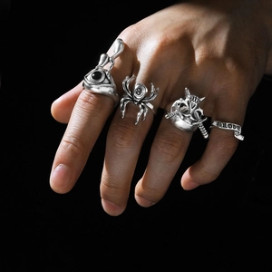 Vintage gothic ring set with skull and spider designs in oxidized silver finish