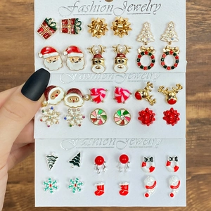 Set di 6 Paia di Orecchini a Bottone Natalizi per Donna in Lega di Smalto Babbo Natale Renna Albero di Natale Fiocco di Neve Strass Regalo