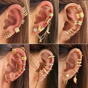 Damen Legierung Strass Schmetterling Stern Mond Ohrklemmen Set Mode Clip-on Ohrringe Kette Schmuck Für Party