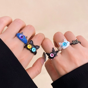 Y2K Grappige Cartoon Dier Grote Ogen Open Ringen Verstelbare Plastic Hars Zwarte Kat Monster Konijn Ringen Voor Vrouwen Sieraden