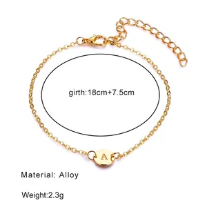Minimalist gold alloy chain bracelet with round A-letter pendant and adjustable lobster clasp