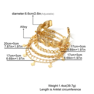 Golden 5-piece jewelry set with wide textured bangle and clover charm chain bracelets