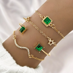 Emerald Green Square Gemstone Star Snake Alloy Bracelet And Bangle Set For Women Elegant Gold Plated Rhinestone Jewelry Gift