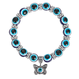 Tobillera de cuentas Evil Eye turco con mano de Fátima y colgante de mariposa plateada