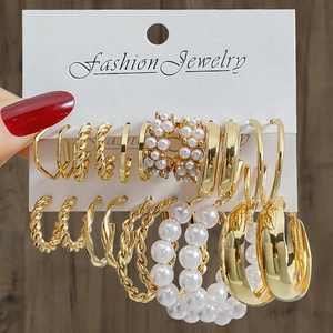 Vintage Geometric C-Shape Alloy Faux Artificial Pearl Hoop Earrings Set For Women Retro Gold Plated Earring Multi Pair Jewelry Gift
