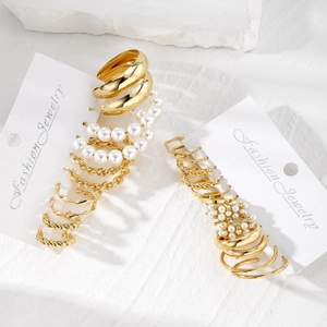 Vintage geometric C-shaped gold alloy pearl earring set with six stylish pairs for women