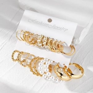 Vintage geometric C-shaped gold alloy pearl earring set with 6 pairs on display card