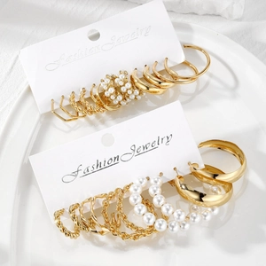 6-pair vintage gold geometric C-shaped alloy hoop earrings set with faux pearls for women