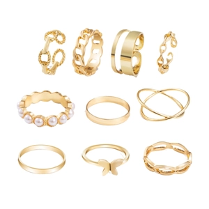 10-teiliges goldenes Ring-Set für Damen mit Schmetterlings-Anhängern und Perlen
