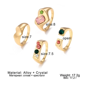 Set de 4 anillos dorados con cristales coloridos y diseño de corazón ajustable mujer