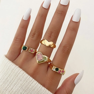 Anillos Ajustables De Aleación De Zirconia Con Corazón Para Mujer Estilo Dulce Cristal Colorido Anillos Abiertos Geométricos Joyería
