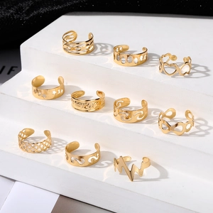 10pcs set of adjustable gold open rings with hollow heart star and wave patterns