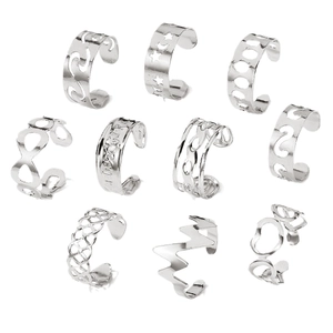 10-piece set of silver minimalist adjustable open rings with star and infinity designs
