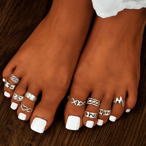 Bohemian Alloy Toe Rings Collection For Women Hollow Heart Wave Infinity Adjustable Open Foot Rings Set Beach Vacation Jewelry