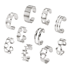 9-teiliges silbernes Ear Cuff Set mit Stern-, Herz- und Schmetterlingsmotiven