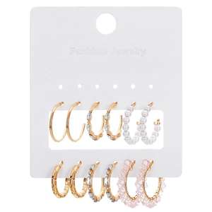 Set di 9 orecchini a cerchio dorati con perle e cristalli rosa per donne alla moda