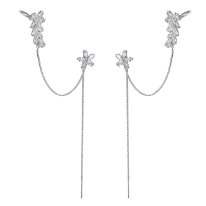 Silver tassel ear cuffs with zircon leaves and flowers for non-pierced ears