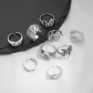 9pcs set of vintage silver butterfly and snake rings with oxidized finish and punk style
