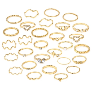 Set of 26 trendy gold geometric gothic rings with rhinestones and faux pearls