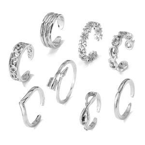 8pcs vintage silver bohemian hollow carved open toe rings and beach jewelry set