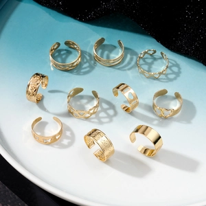 10-piece gold bohemian beach toe ring set with moon and star adjustable open designs