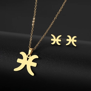 Golden Pisces zodiac jewelry set with stainless steel pendant necklace and stud earrings