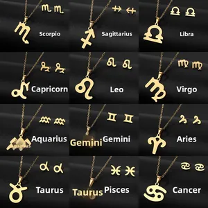 Stainless Steel 12 Zodiac Constellation Jewelry Set For Women Gold Plated Rhinestone Necklace And Stud Earrings Astrology Astrology Birthday Gift