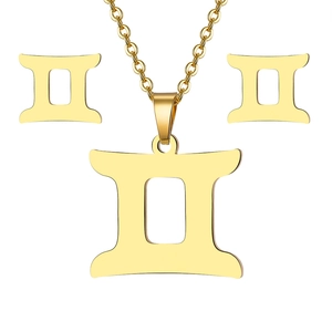 Polished golden Gemini zodiac jewelry set with necklace and stud earrings for women