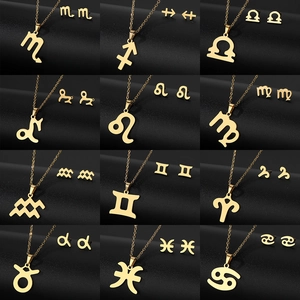 Detailed grid showing 12 zodiac pendant necklaces and matching stud earrings in gold finish