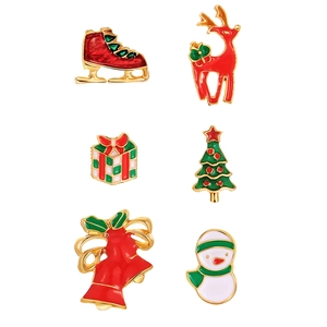 Detailed set of 6 Christmas enamel brooches featuring reindeer, tree, bell, and snowman