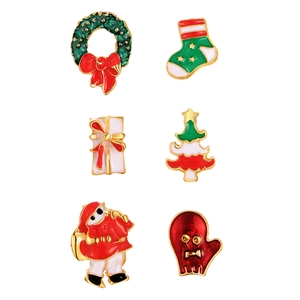 Christmas themed enamel brooch set with 6 festive pins including Santa and tree icons
