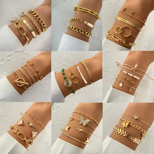 Bohemian Gold Plated Alloy Bracelet Set Layered Cuban Chain Butterfly Heart Charm Bracelet For Women Jewelry Gift