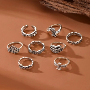 Detail view of 8pcs vintage gothic ring set featuring skull spider web and eagle designs