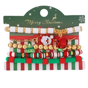 Juego de 5 pulseras navideñas de cuentas con colgantes de copos de nieve y cascabeles