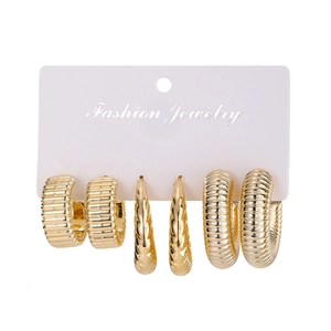 Three-pair gold textured CCB hoop earring set with ribbed twisted spiral details