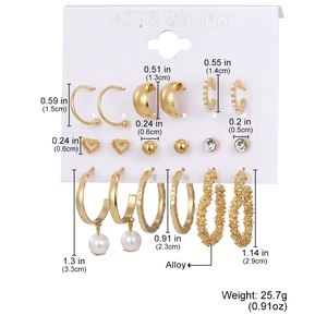French vintage style gold heart pearl earring set with multiple hoops and studs