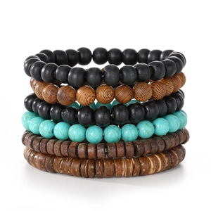 Set of six handmade woven leather and beaded bracelets featuring wooden and turquoise beads