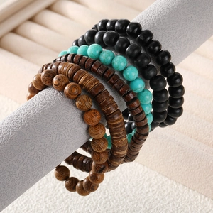 Multi-layer Bohemian beaded bracelet set with black, turquoise and wood beads for men