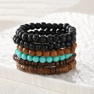 Handmade multilayer beaded bracelet set with natural turquoise and wood beads for men