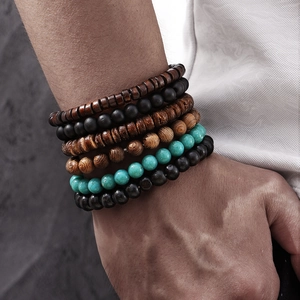 Men's vintage layered bracelet set with natural wooden beads and turquoise accents